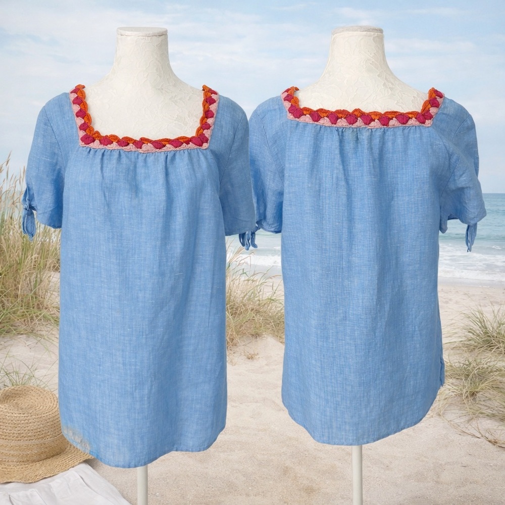 Talbots Chambray Blue Linen Blend Top Crochet Square Neck Boho Coastal Blouse M